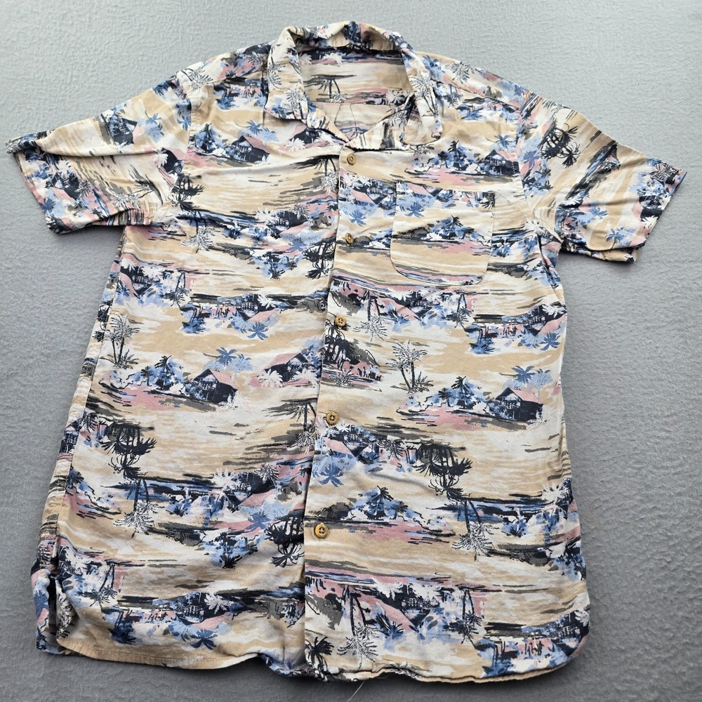 George Hawaiian Shirt Mens Small Beige Tropical Beach House Palm Tree Button Up